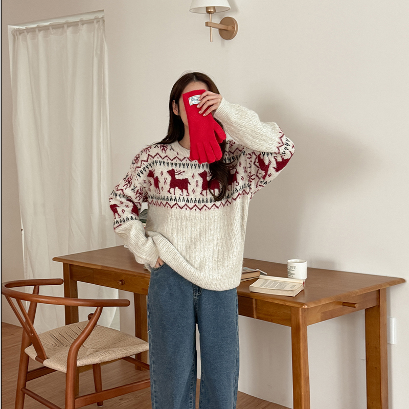 韩国代购大码女装2025靓丽冬装新款圆领纯棉显瘦小鹿装饰针织毛衣
