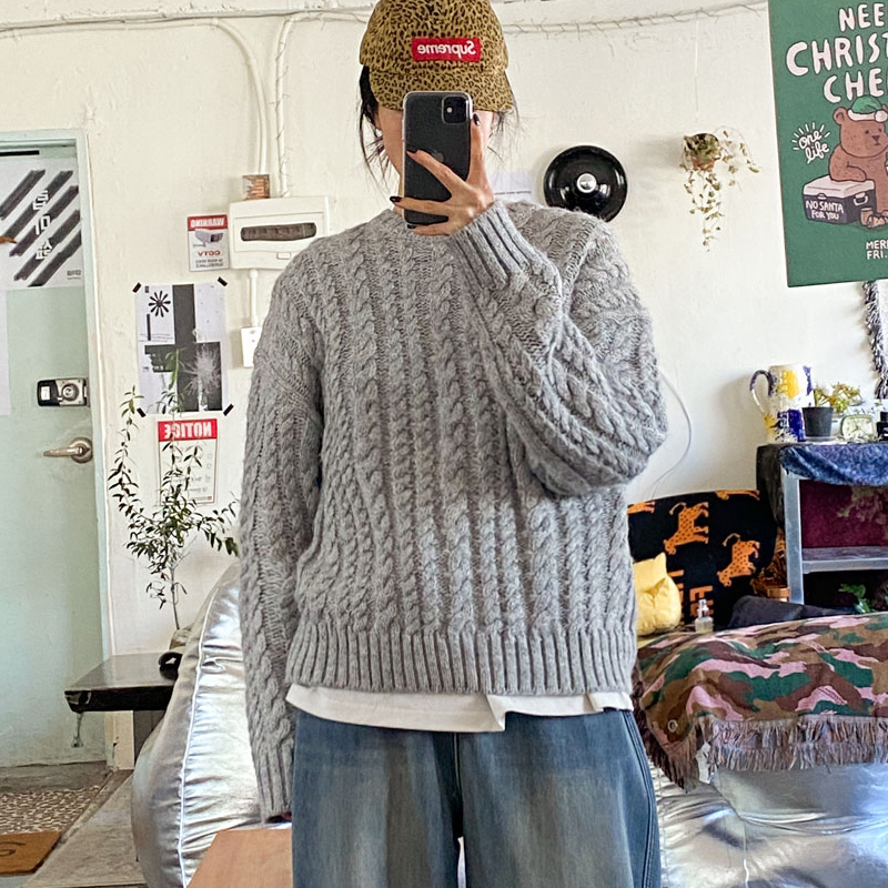 韩国代购大码女装2026靓丽冬装新款圆领宽松时尚麻花辫针织毛衣特