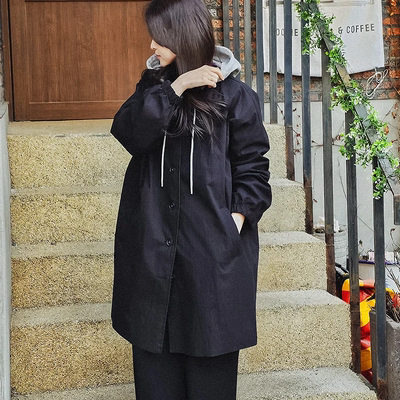 韩国大码代购女装2026靓丽早春装新款连帽配色假两件插兜风衣外套