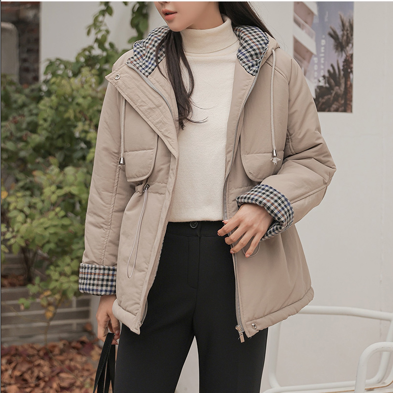 韩国代购大码女装2025靓丽冬装新款连帽格子时尚拉链抽身保暖棉衣