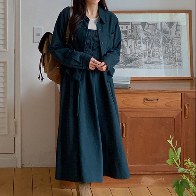 韩国代购大码女装2025靓丽冬装新款翻领短款衬衫吊带连衣裙两件套