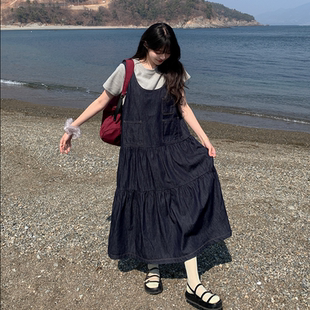 新款 韩国代购 2026靓丽早春装 女装 U型领显瘦拼接背心连衣裙特8 大码