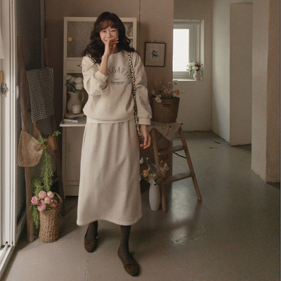 韩国代购大码女装2025靓丽冬装新款圆领加绒字母卫衣半身裙套装特