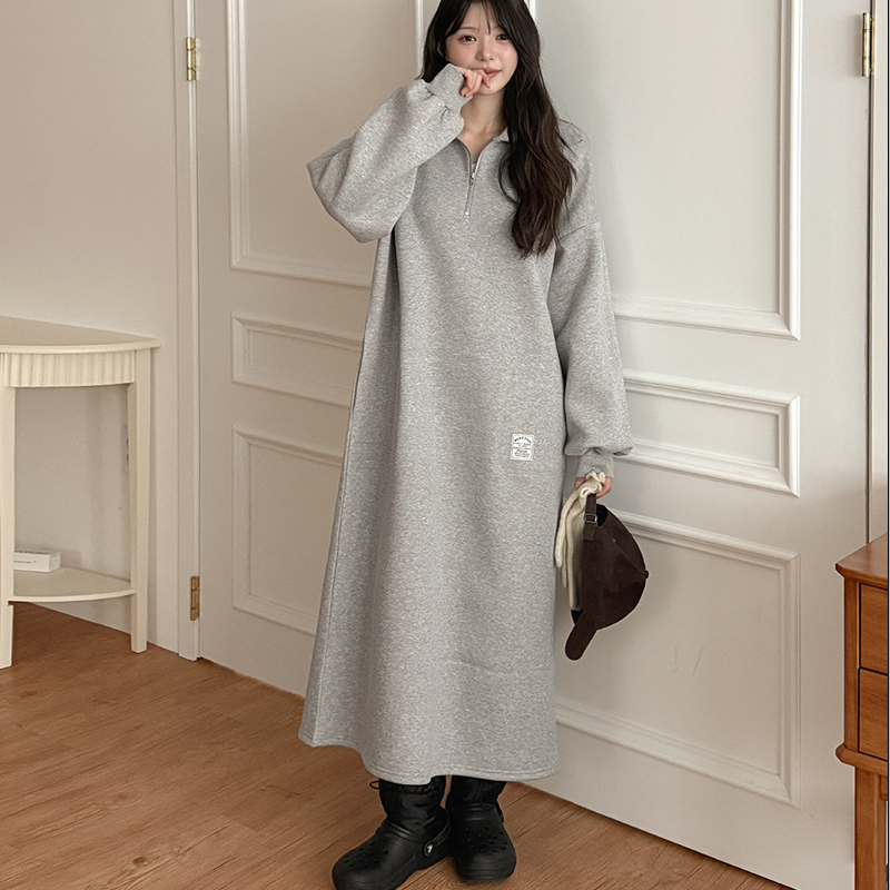 韩国代购大码女装2025靓丽冬装新款翻领拉链半开襟加绒卫衣连衣裙