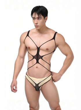 男士性感镂空绑带连体衣低腰丁字裤内衣渔网紧身衣青年黑色透明潮