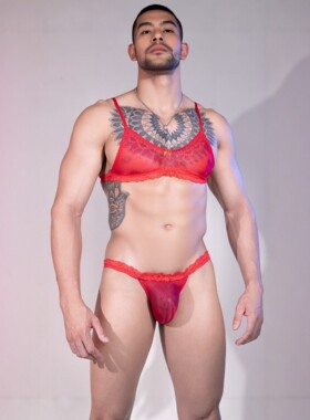 男士性感蕾丝低腰三角裤红色透明U凸青年冰丝纯色内裤透气薄款潮