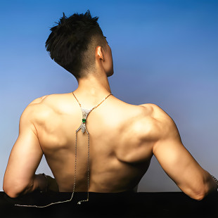 夜店双层饰品金色写真 满钻项链欧美青年男士 流苏镶钻胸链时尚 个性