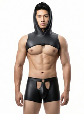 男士漆皮黑色仿皮低腰性感镂空平角裤连帽上衣夜店酒吧表演服内裤