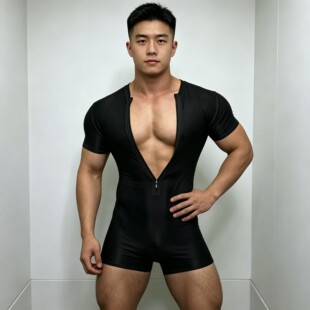 薄款性感男士深V拉链短袖连体衣高弹紧身速干健身运动睡衣家居服
