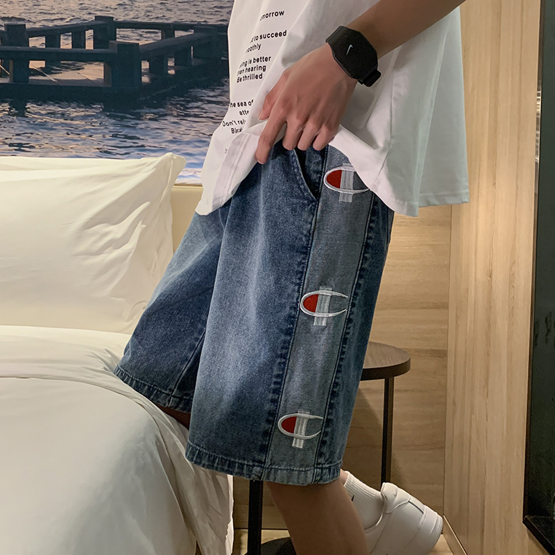 夏季港風潮牌哈倫百搭直筒寬鬆男休閒牛仔五分短褲