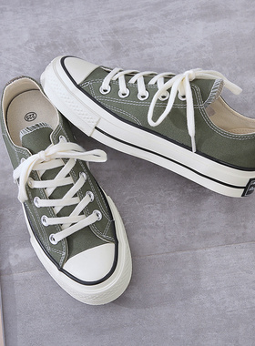 人本春款学生低帮帆布鞋女大码40 41 42系带休闲韩版平底板鞋绿色