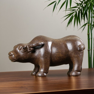 玄友 景德镇陶瓷牛化解摆件陶土正北坎位卫生间吸水牛茶宠牛形