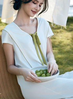 郁Y53308凡诗女士夏季中长款短袖睡裙V领套头家居服柔软甜美睡衣