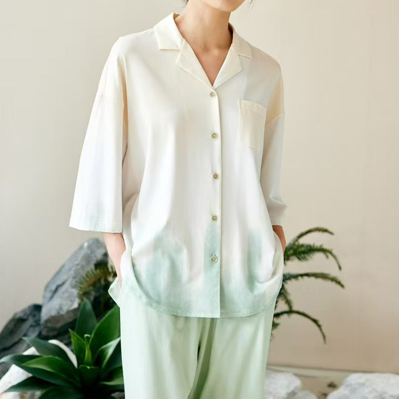 YU38101凡诗春夏薄女七分袖睡衣套装翻领开衫宽松家居服莱赛尔棉