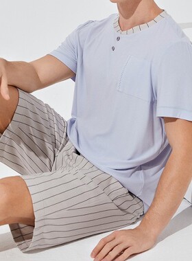 郁凡诗男士夏季短袖短裤休闲家居服套装纯色条纹套头睡衣 Y33703