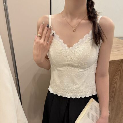 性感露锁骨法式蕾丝美背文胸吊带少女背心一体固定杯打底透气内衣