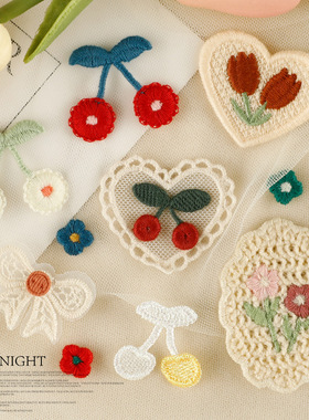 电脑绣花标发饰饰品辅料樱桃花边刺绣贴DIY补丁服装辅料布标布贴