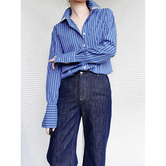 yans 秋 法式 慵懒 男友风显瘦 通勤小宽松竖条纹百搭长袖衬衫女