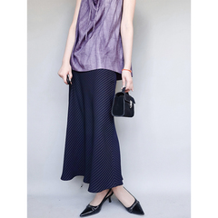 yans 秋 知识分子通勤风 高腰斜裁休闲小鱼尾显瘦条纹半身裙 女