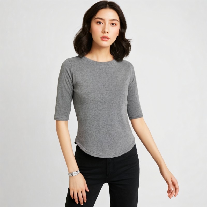 棉女百搭五分袖圆弧形下摆短款