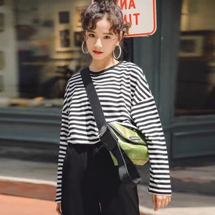 春秋冬款黑白黄条纹长袖T恤女宽松大码加肥百搭纯棉打底衫上衣T