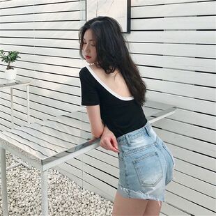 短袖t恤女性感露背夏季修紧身显瘦上衣纯棉打底衫前后两穿短款服