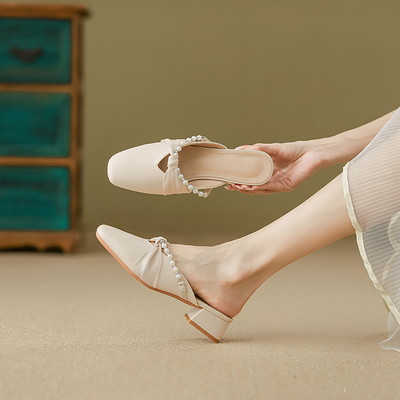 羊皮版~包头半拖鞋平底一脚蹬懒人配裙子的银色绝美女夏外穿外出