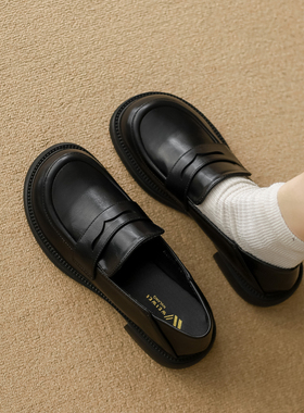 真皮乐福鞋女一脚蹬女鞋厚底春秋英伦风黑色小皮鞋女2026新款单鞋