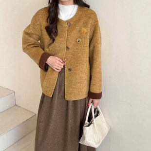 双面呢羊毛大衣女短款2026秋冬新款洋气妈妈中式国风圆领毛呢外套