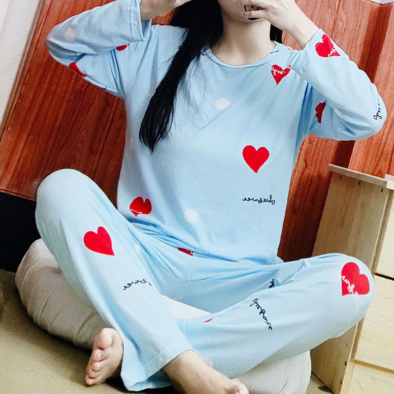 睡衣女秋薄款长袖休闲爱心卡通可爱女款夏季大码可外穿家居服套装