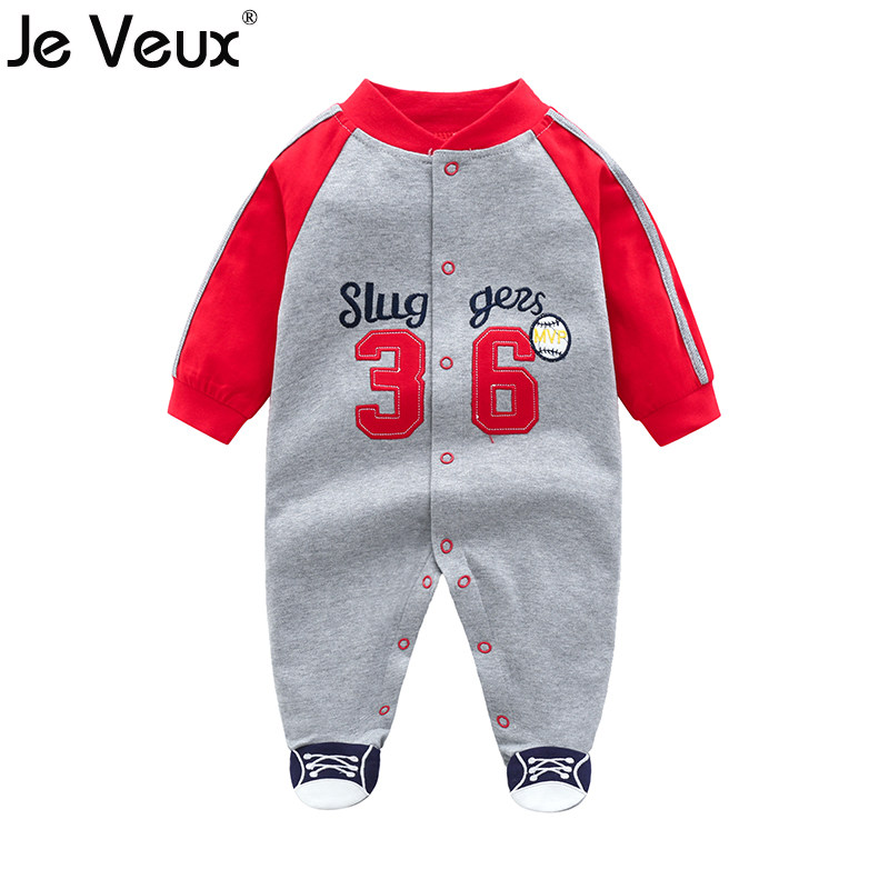 婴儿棒球服包脚连体衣服纯棉新生儿百天长袖帅气宝宝秋装男潮爬服