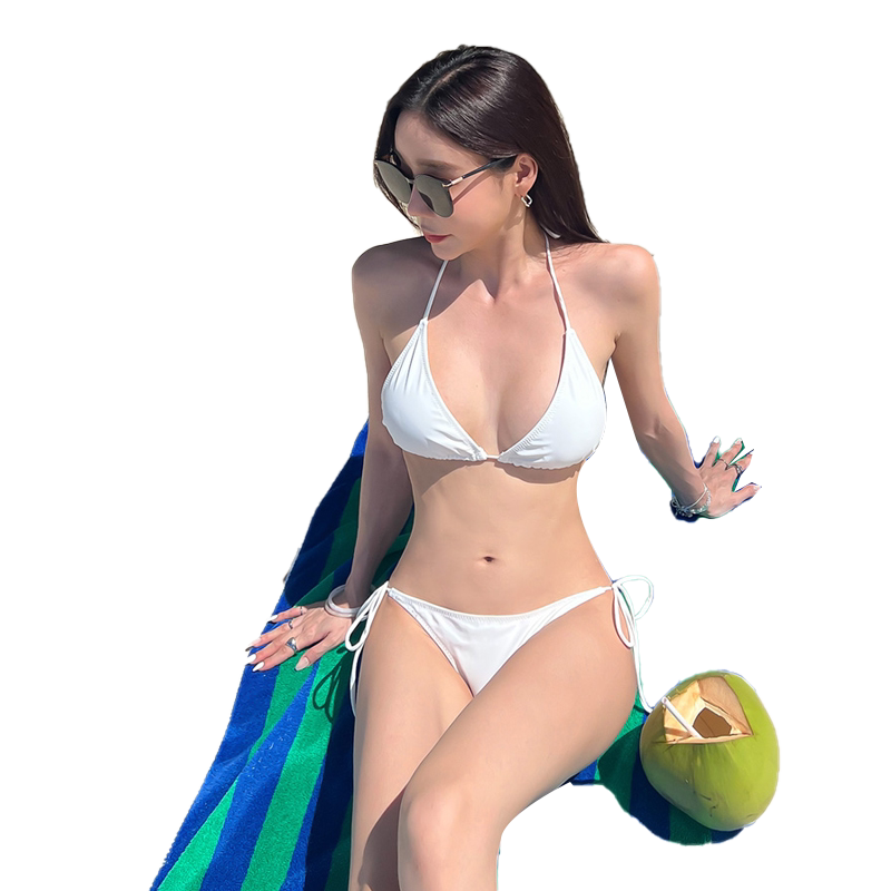 新品ins比基尼泳衣女性感欧美小胸聚拢白色比坚尼纯色海边bikini