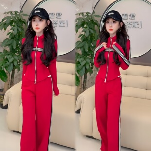 韩式运动风红色撞色条纹卫衣套装女2026秋季显瘦两件套休闲套装潮