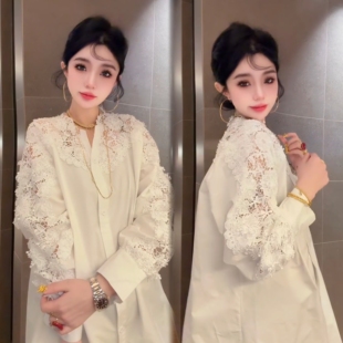 法式重工蕾丝衬衫女2026春季新款宽松中长款遮肉百搭上衣