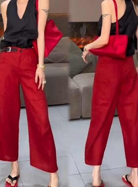 2026夏季新款时尚百搭高腰九分直筒休闲红色宽松女裤显瘦洋气潮