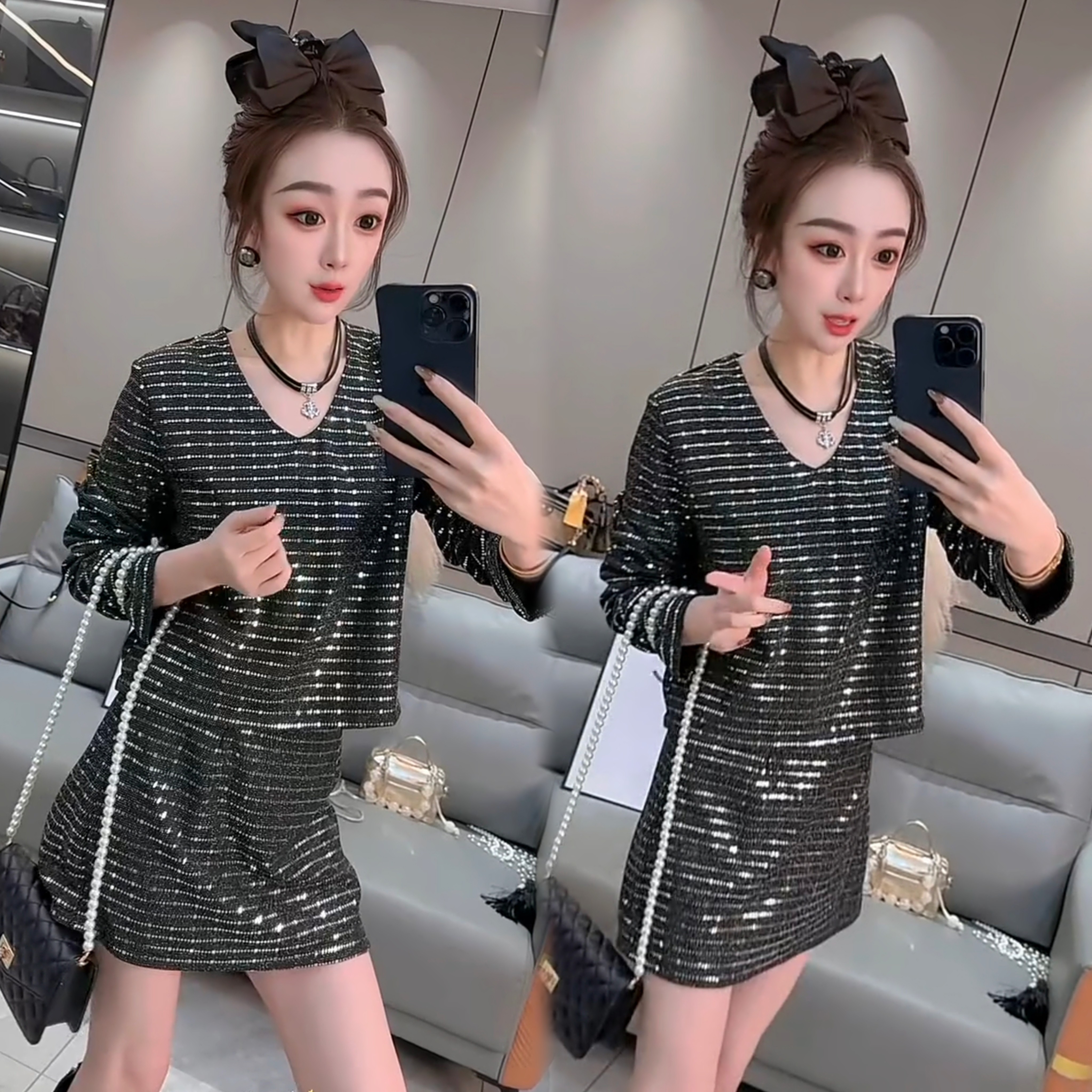 小香风V领亮片两件套女2026春季新款气质精致套装时尚简约百搭 - 唯丽佳时尚女装大码出品