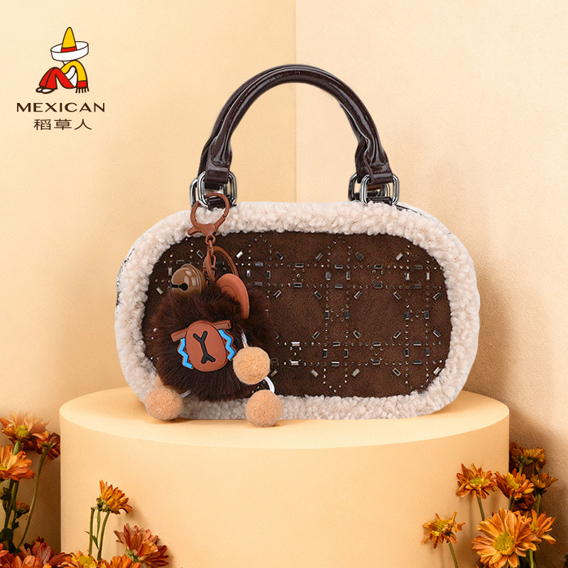 稻草人包包2025冬季新款波士顿包小巧手提斜挎包毛绒精致女士小包