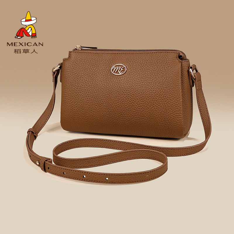 稻草人女包时尚休闲黑色中年女款单肩包妈妈款牛皮斜挎包