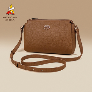 稻草人女包时尚休闲黑色中年女款单肩包妈妈款牛皮斜挎包