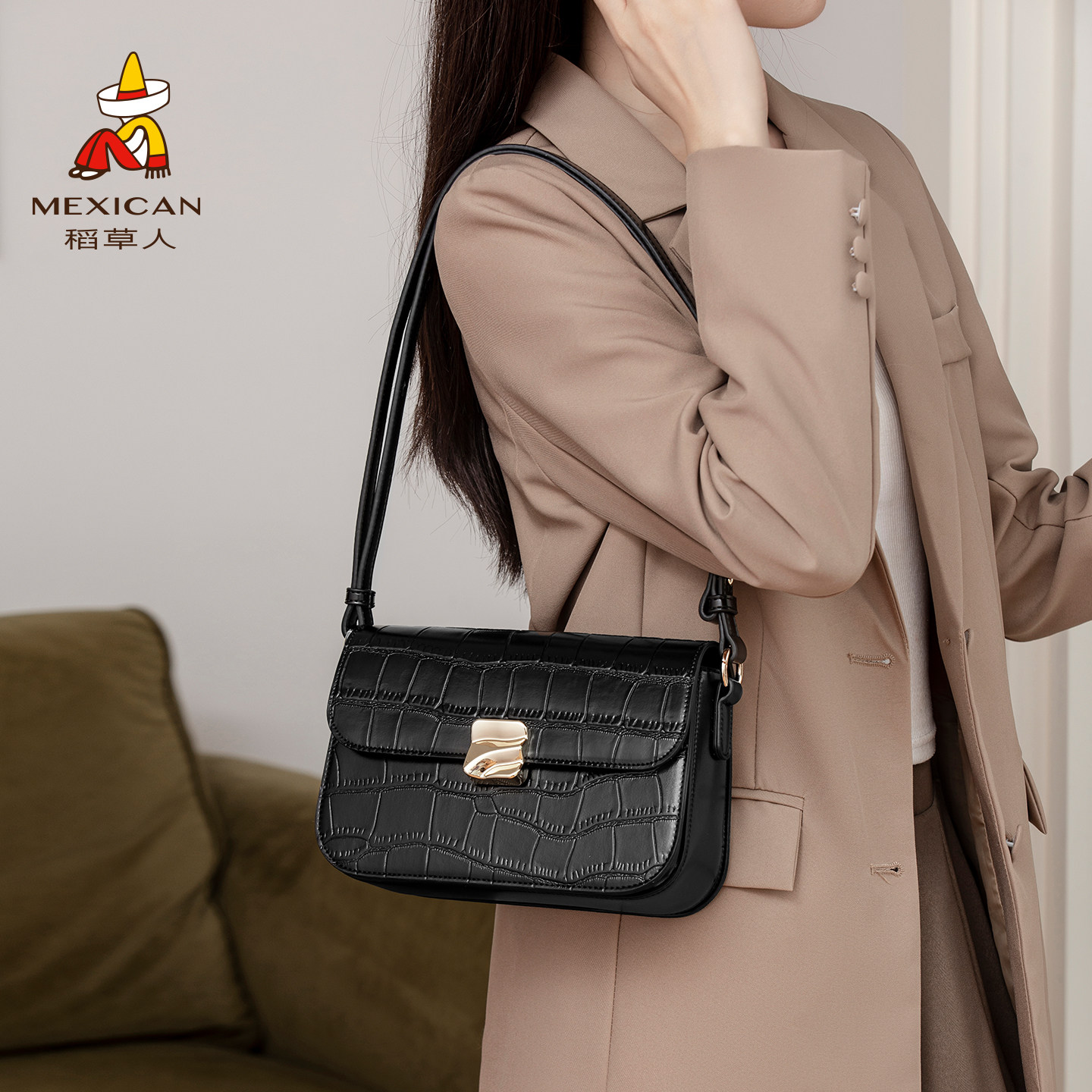 稻草人包包女2025新款斜挎包高级质感鳄鱼纹小方包时尚通勤单肩包