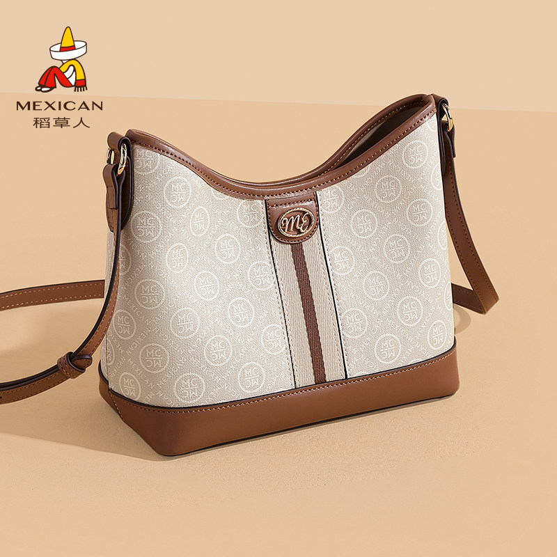 稻草人包包女士2025夏季新款老花水桶包时尚大容量单肩斜挎包女包