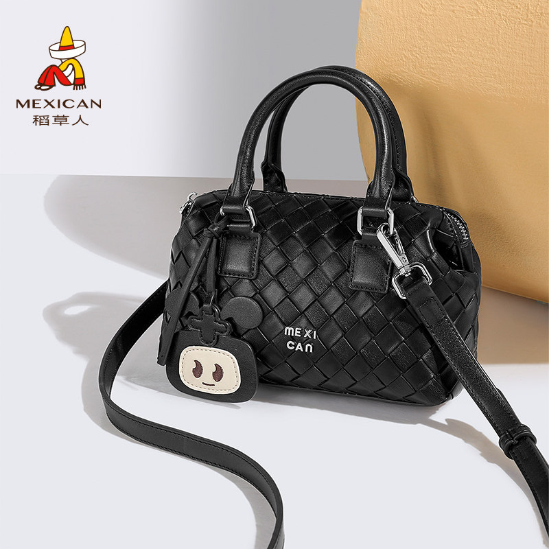 稻草人包包小众设计编织手提包大容量波士顿包单肩斜挎包保龄球包