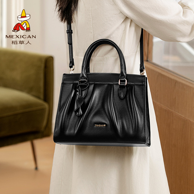 稻草人手提包包女式秋冬新款通勤单肩斜挎包时尚褶皱大容量妈妈包