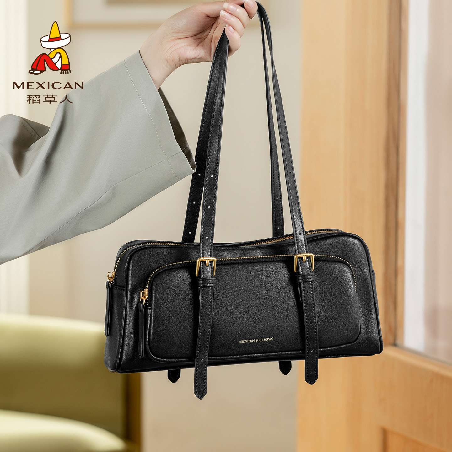 稻草人法棍包包女秋冬新款波士顿包高级复古单肩手提腋下包通勤包