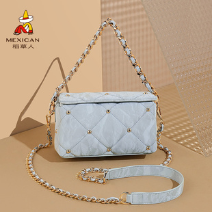 稻草人女包包小包新款盒子包单肩斜挎包时尚流行百搭手提包铆钉包