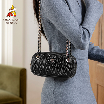 稻草人包包女2026新款小香风皱褶菱格链条包百搭单肩包斜挎包小包