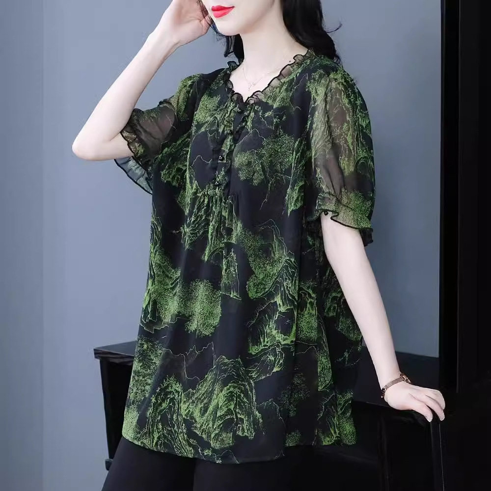 夏季新品宽松荷花边显瘦大码雪纺中袖衬衫通勤翻领胖MM子中老年女