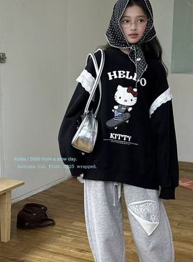 KOALA LOVE考拉2025秋季新款气质卡通猫咪蕾丝卫衣女童