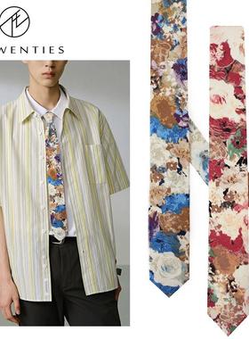 水墨繁花中国风棉麻领带男设计感小众复古vintage红色蓝色花纹tie