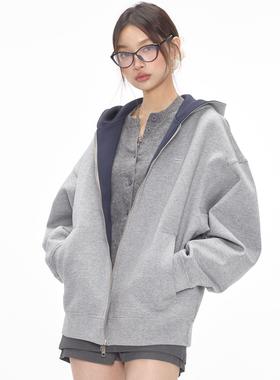 CODICE LAB 空气层复合灰色拼色连帽卫衣基础通勤显瘦上衣外套女